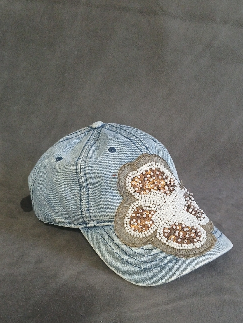 Denim Faded Blue Baseball Cap with Beaded Floral Patch and Adjustment Strap NEW
